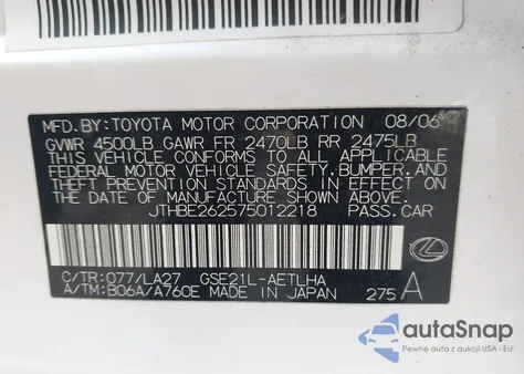 2007 Lexus Is 350 from USA, damaged, VIN JTHBE262575012218